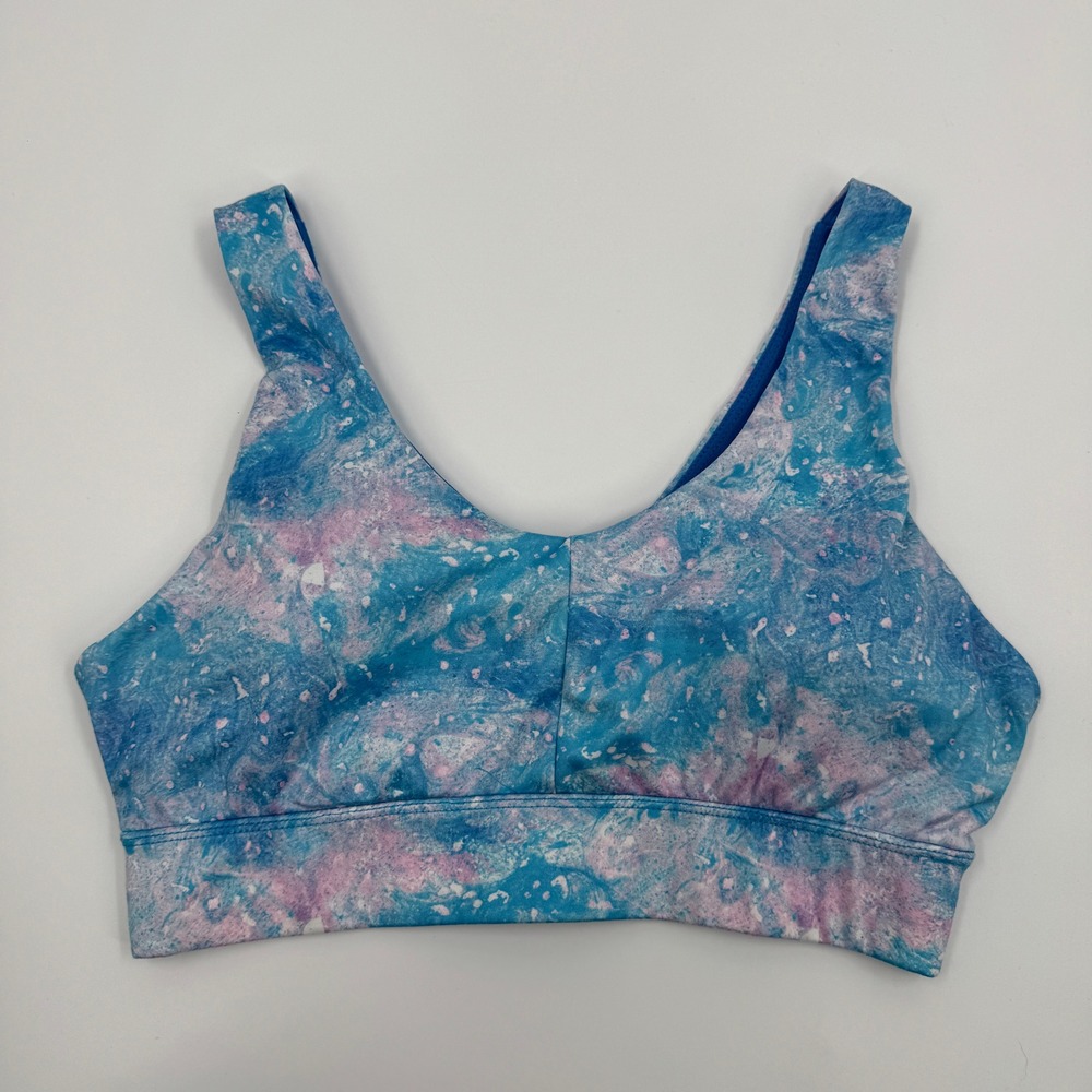 Juicy Couture Blue Pink Marble Galaxy Print Twist Back Sports‎ Bra Large RN50369